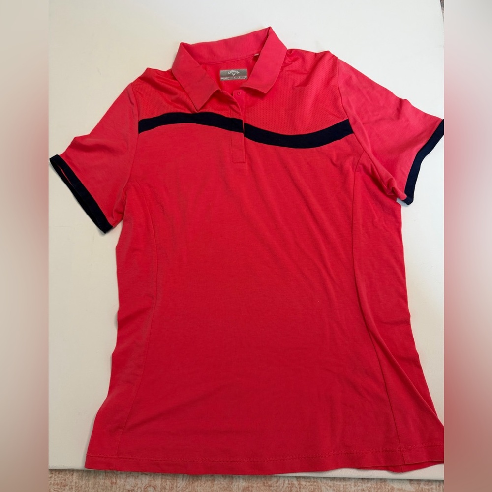 Callaway Opti Dri Golf Polo Coral Pink Navy Stripe Athletic Shirt Women’s Large - Picture 2 of 9
